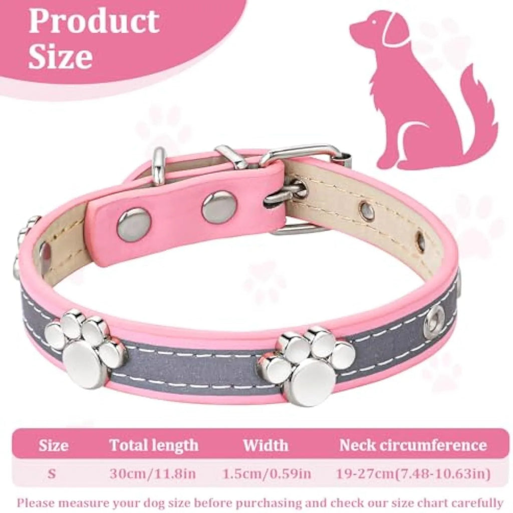 Adjustable leather dog collar with reflective stitching and metal paw print rivets