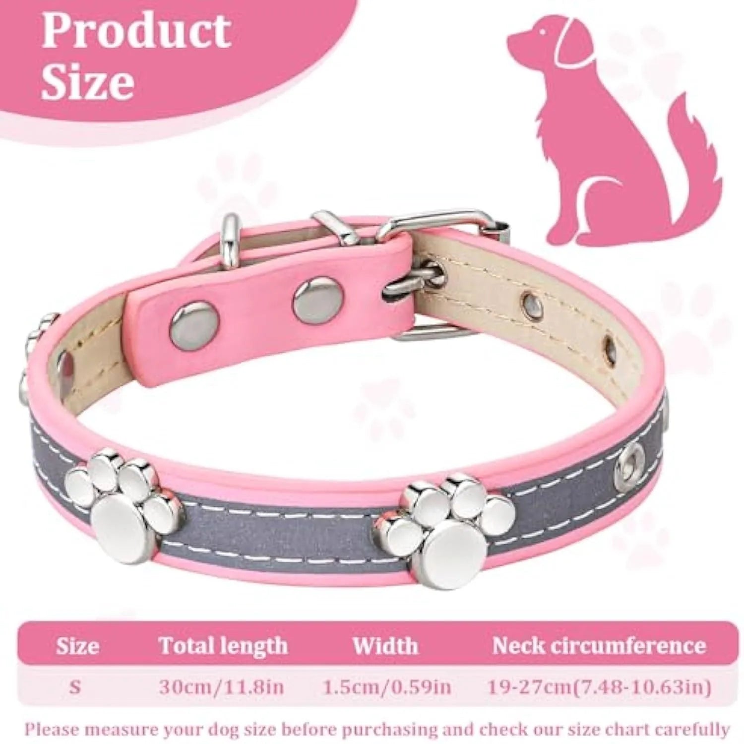 Adjustable leather dog collar with reflective stitching and metal paw print rivets