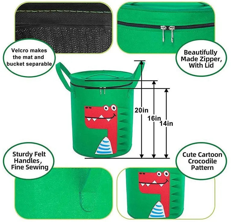 Green felt cube storage bag with pull rope shown as both toy container and play mat
