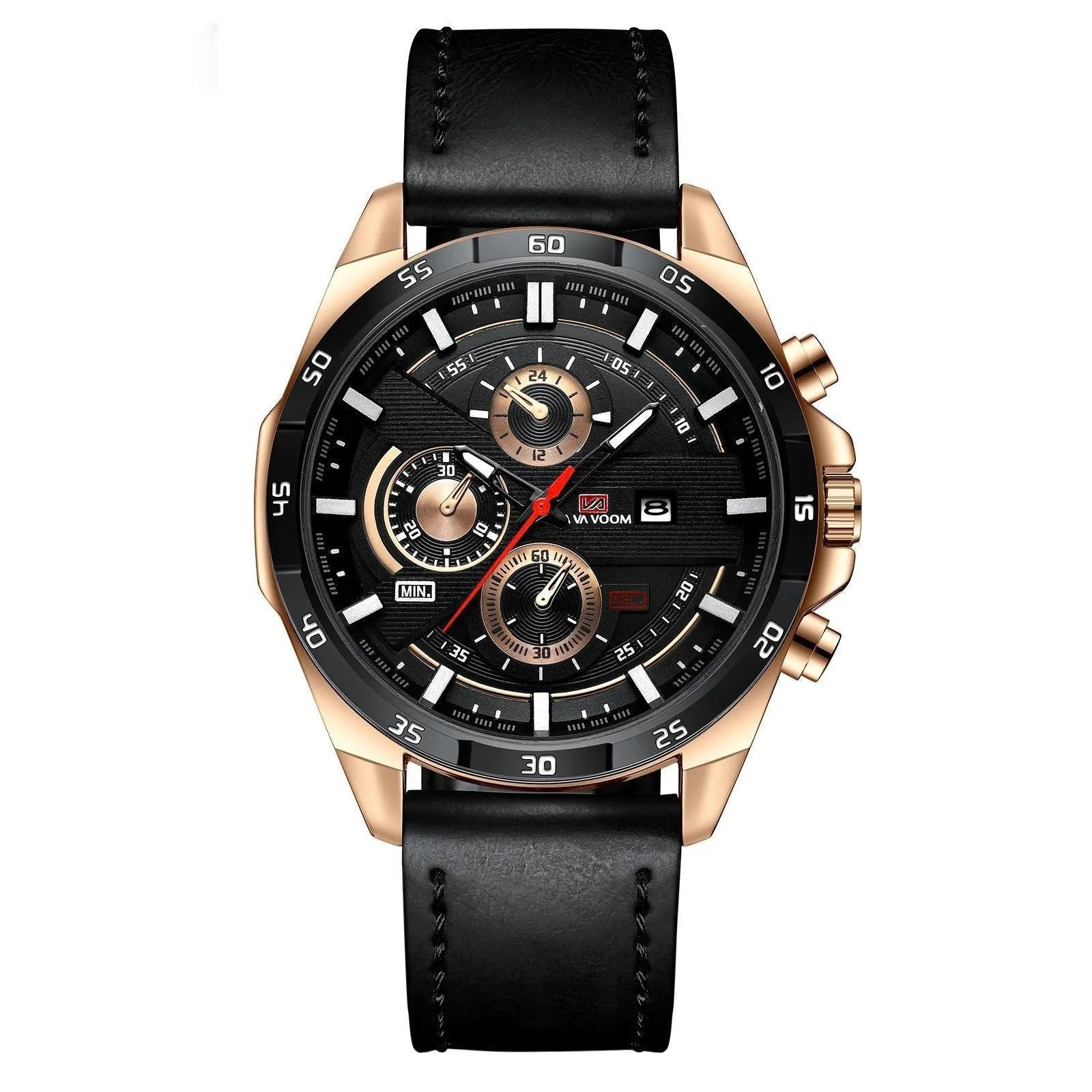 Men's casual quartz watch with business calendar on brown leather-look strap and white dial.