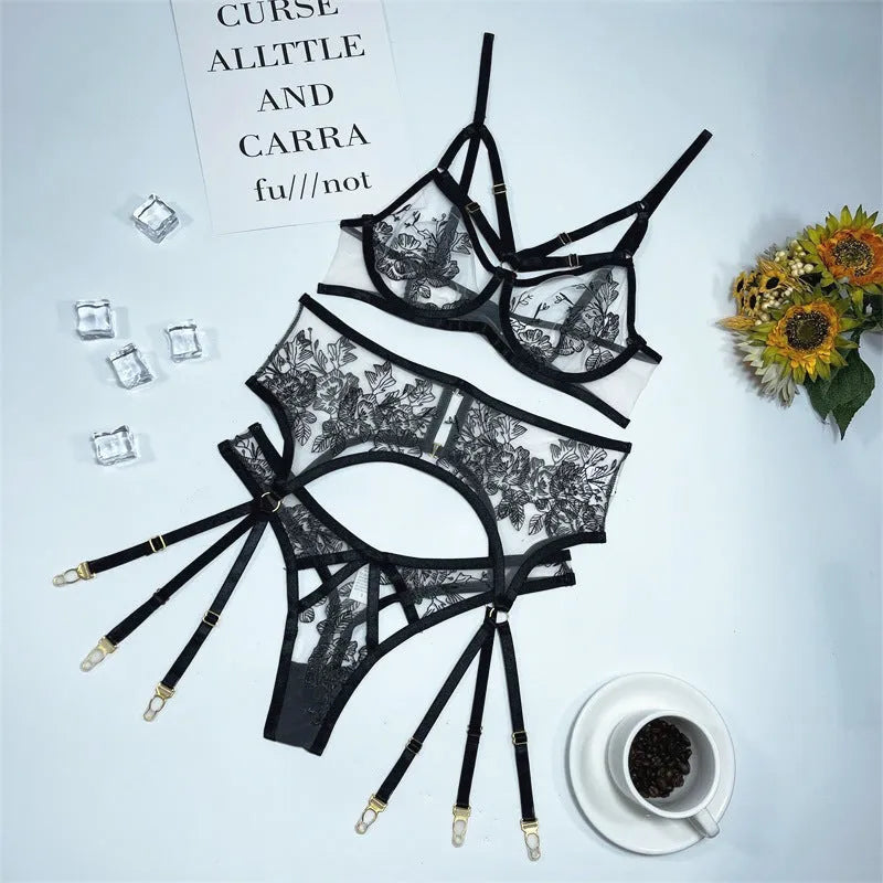 Women's black lace mesh three-piece set with floral print top pants and waist ring