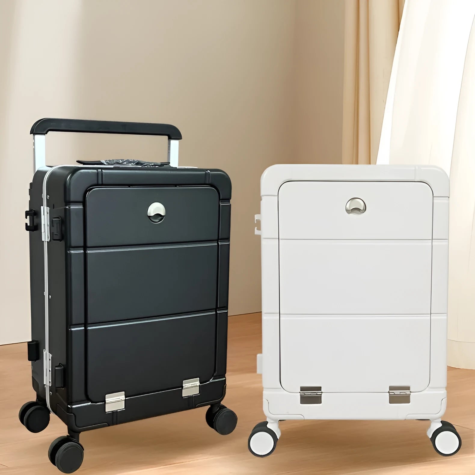 20-inch front opening suitcase in multiple colours showing wet-dry compartments and cup holder.