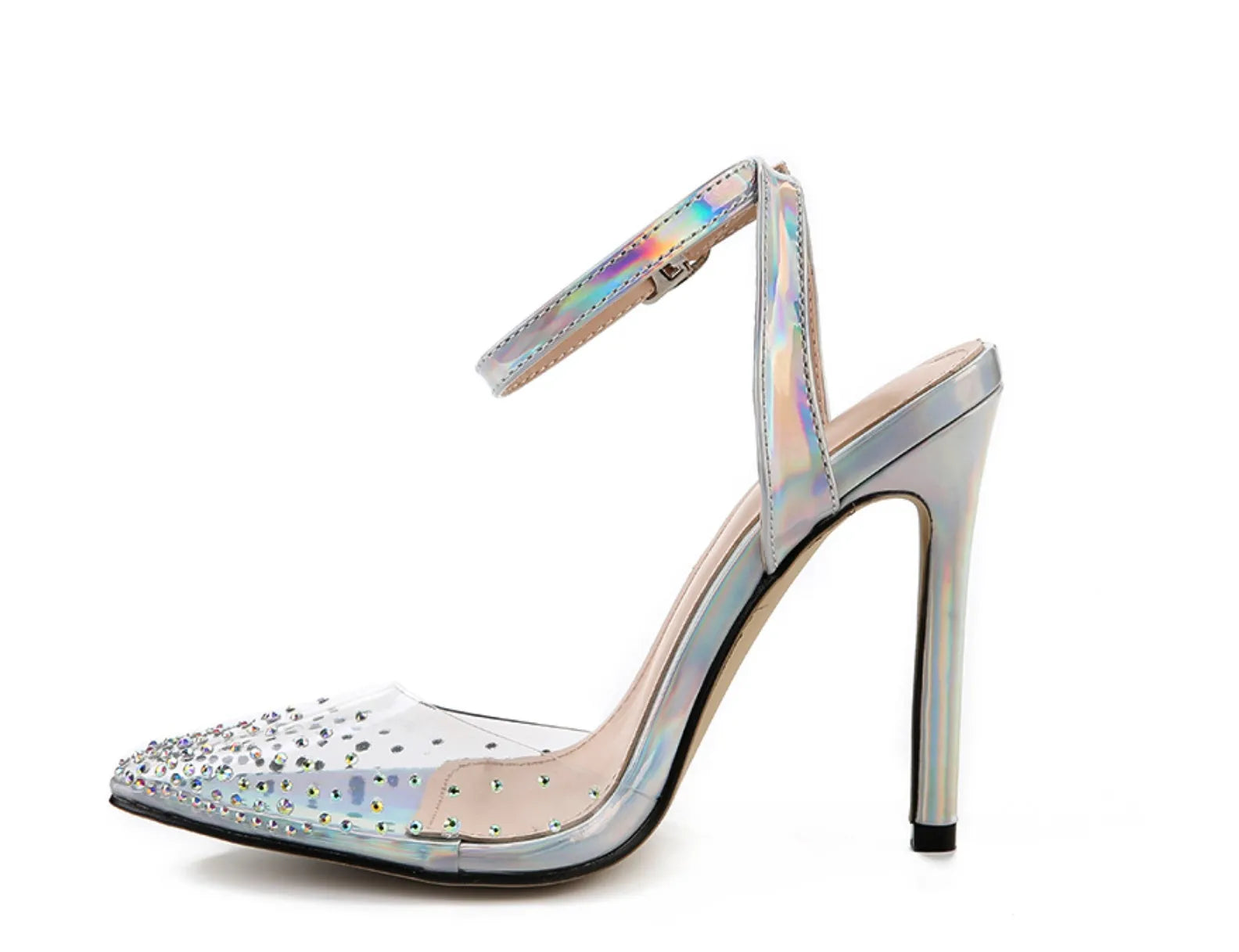 Women's pointed toe sandals with diamond detailing and stiletto heels