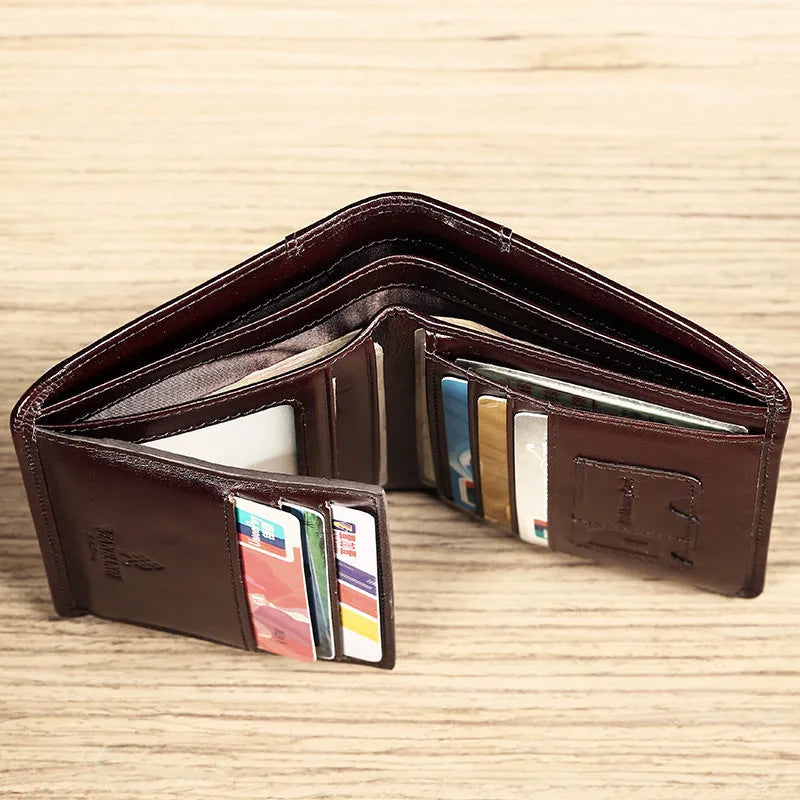 Men's black leather wallet open to show internal compartments: photo slot, card slots, banknote folder, and change pocket.