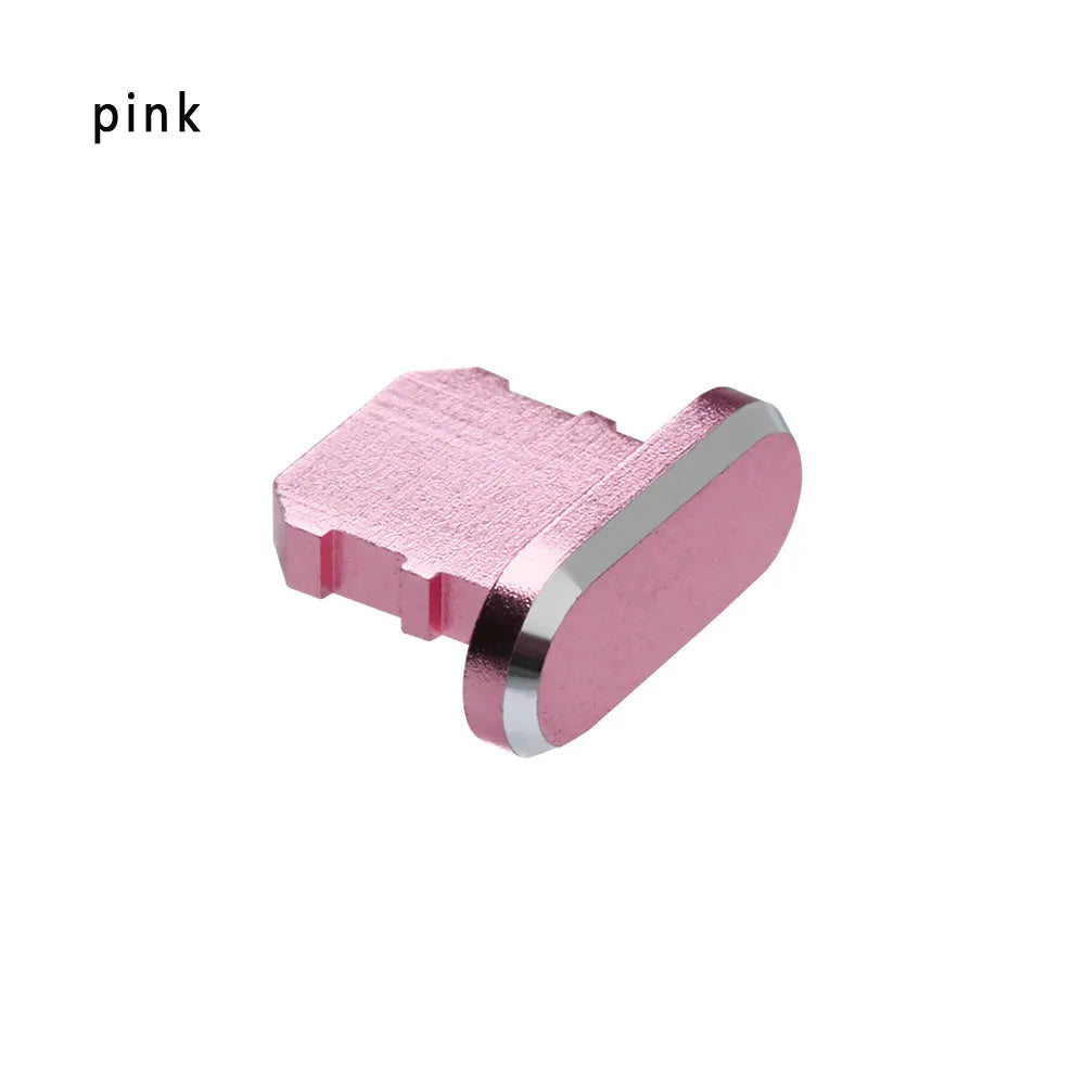 Aluminium alloy charging port dust plug for iPhone in various colours including gold, silver, blue, and rose gold.