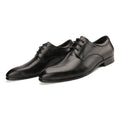 Men's black leather derby shoes with pointed toe and checkered pattern on a white background.