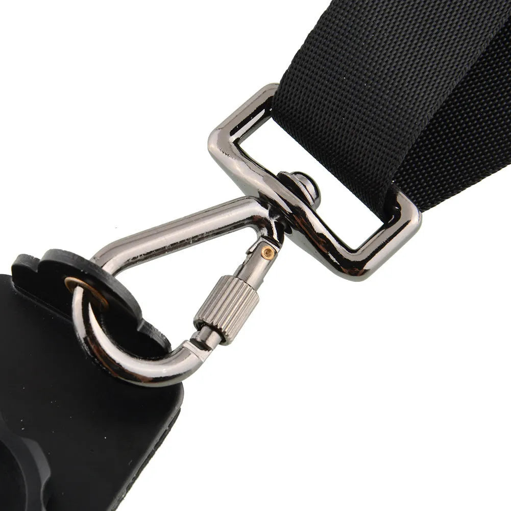 Black dual shoulder strap for carrying two professional SLR cameras simultaneously.