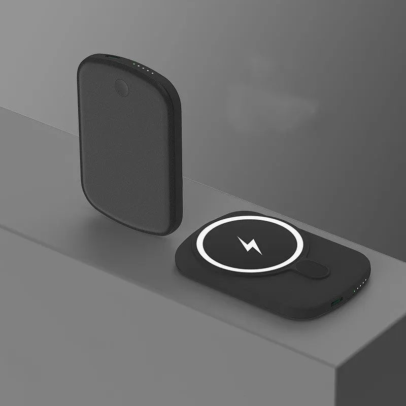 Magsafe magnetic wireless power bank in four colours showing front view with dimensions