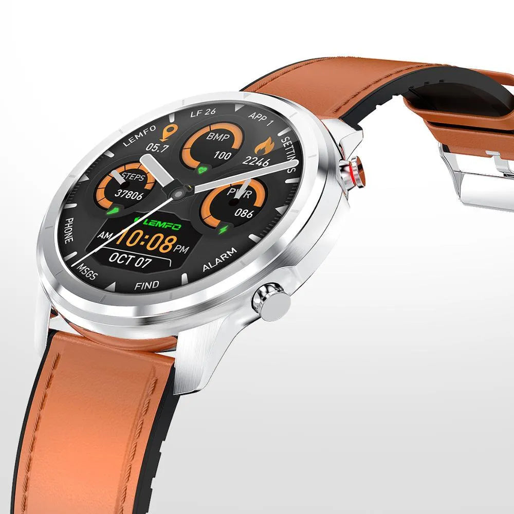 LEMFO LF26 smart bracelet on wrist showing 1.3 inch screen, available in black, brown, and silver colour options.