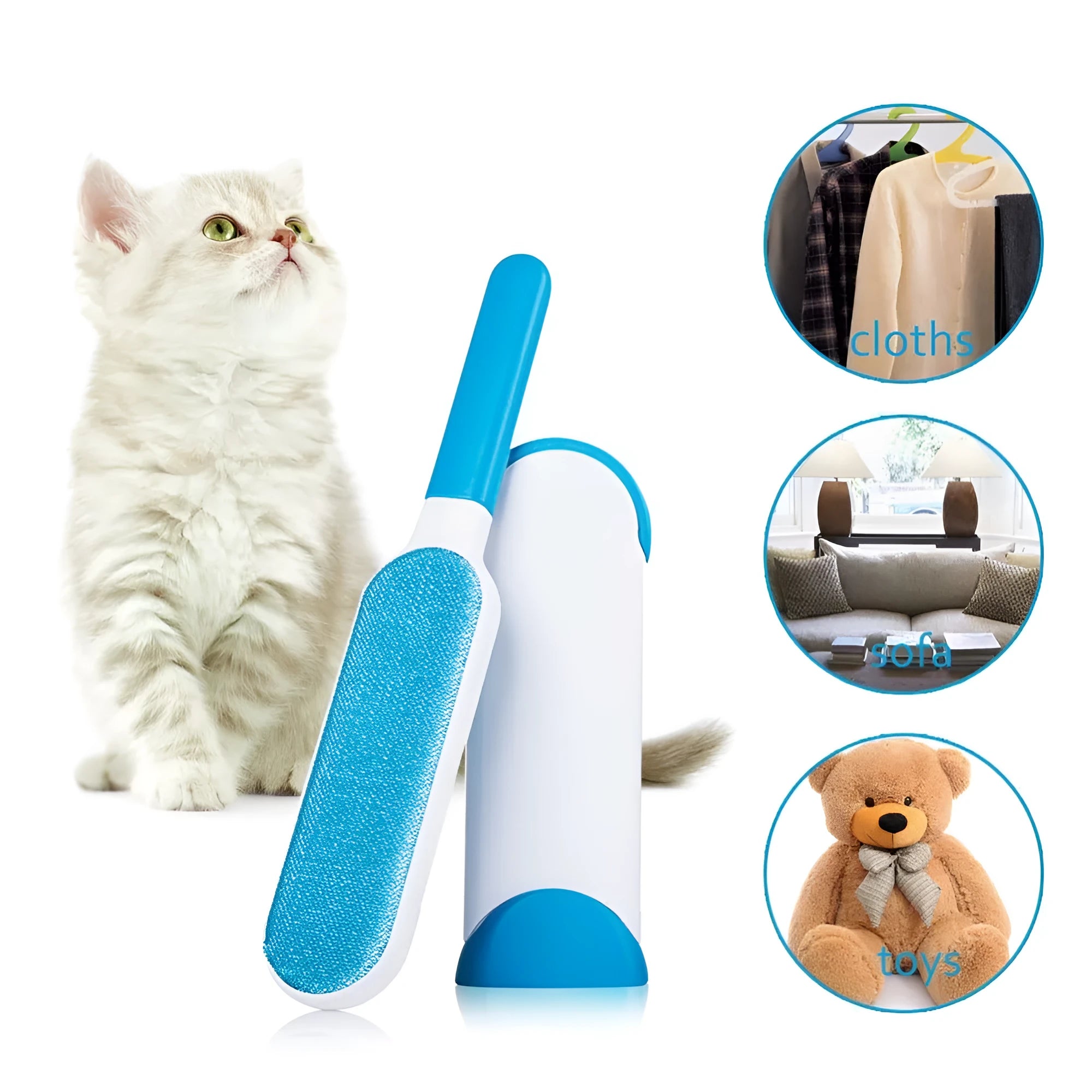 Blue reusable pet hair removal comb with double-sided brush and self-cleaning base for furniture.