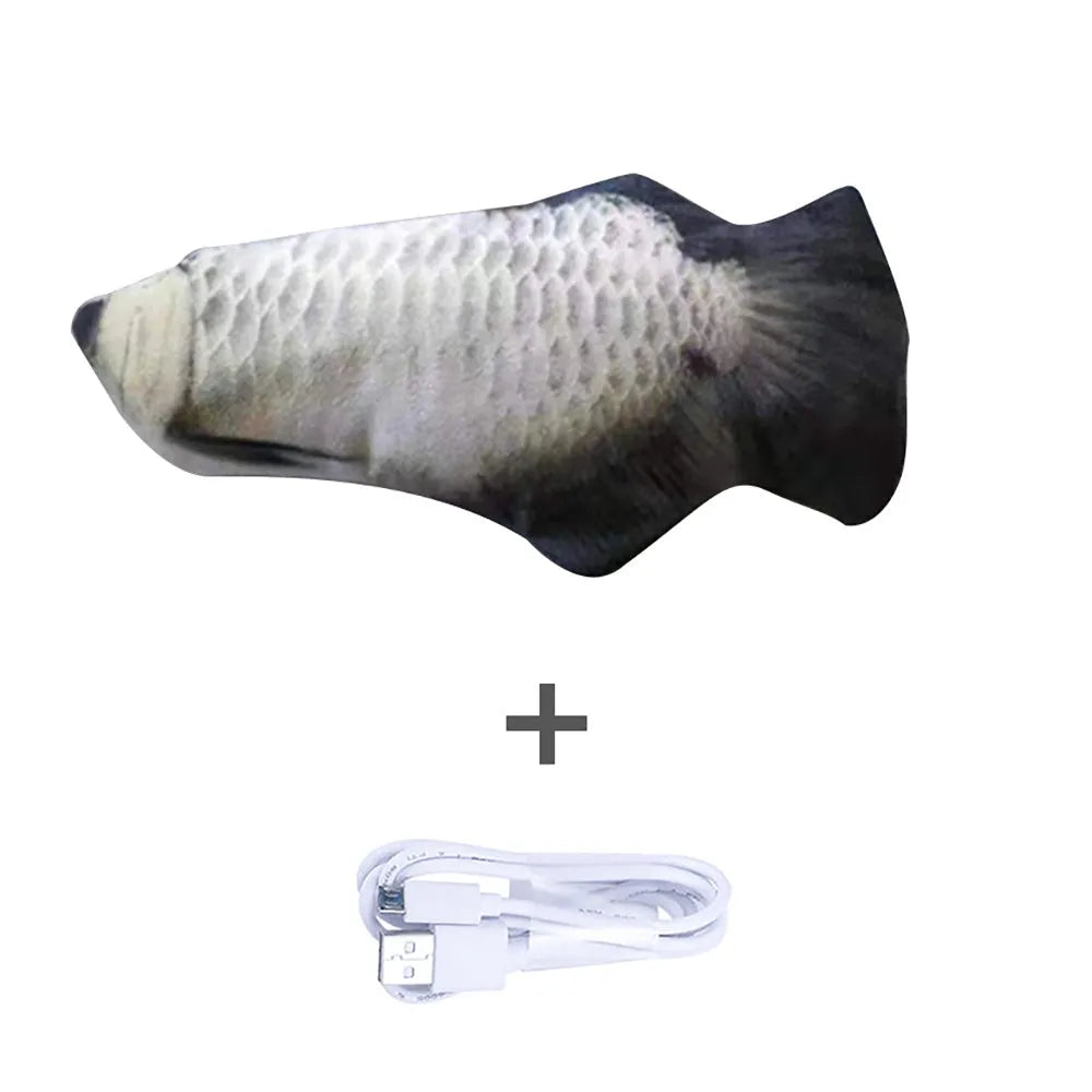Electric jumping fish simulation cat toy showing multicolor options and USB charging cable.