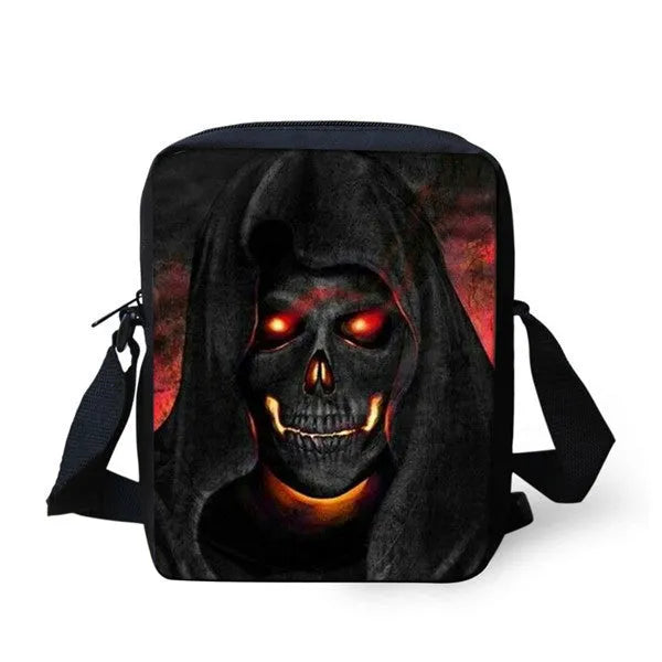 Children's skull print messenger bag with double straps and 20-35 litre capacity