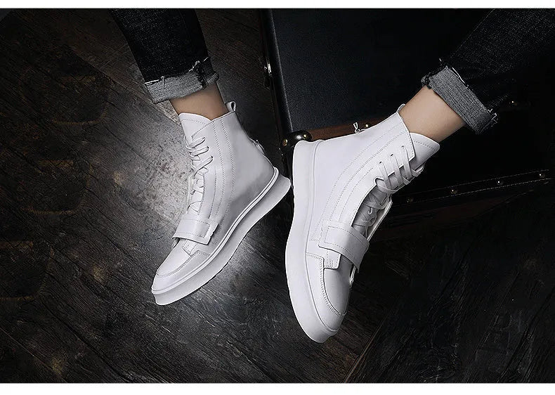 Men's black PU leather ankle boots with high-top sneaker design and microfiber upper
