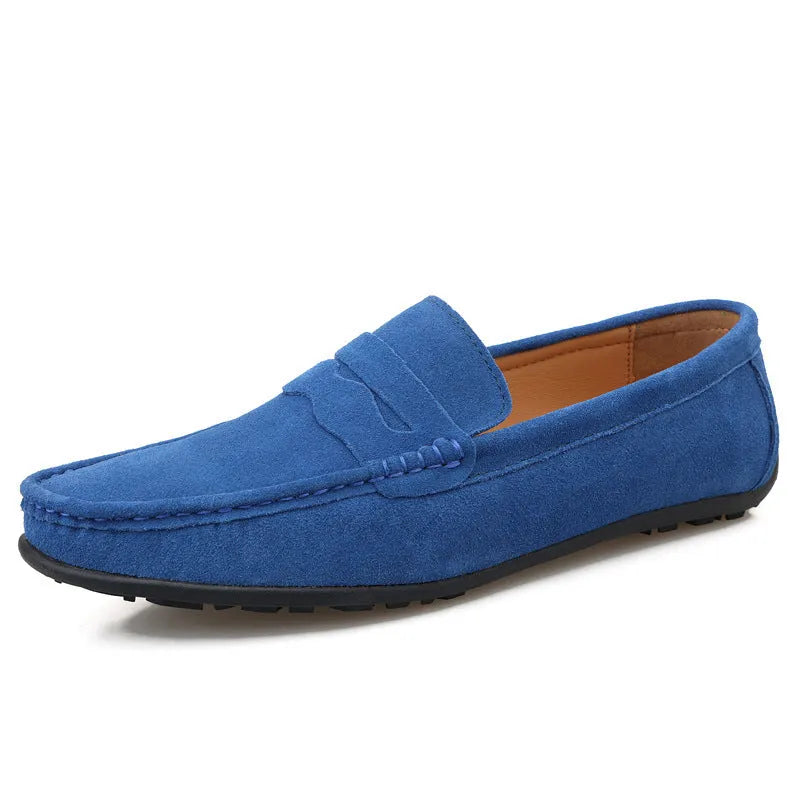 Men's suede leather slip-on loafers in various colours with a flat rubber sole and round toe