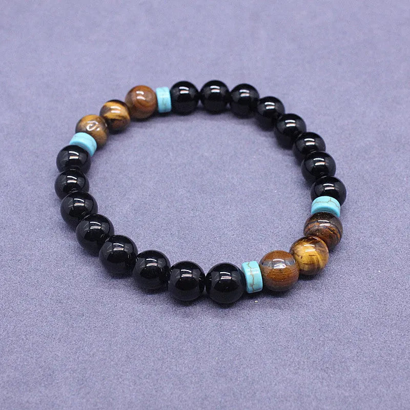 Black agate and tigereye bead bracelet and necklace set with tiger shape stone.