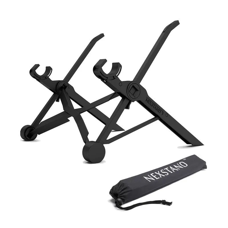 Sagacious black folding laptop stand with carrying case showing 40cm width