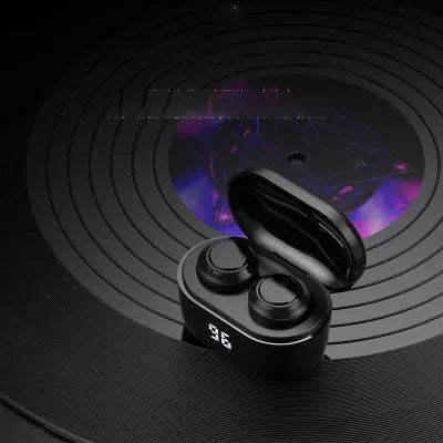 Black stereo Bluetooth headset with bilateral ear design showing wireless connectivity features