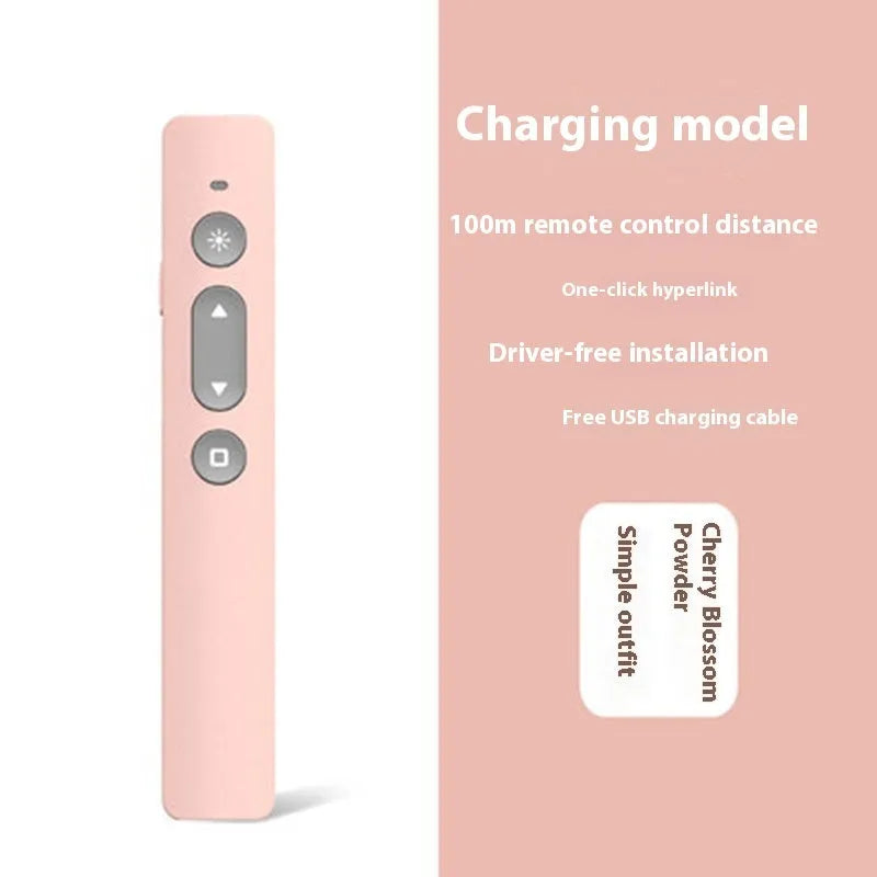 A black, white, or pink remote control pen for presentations with a laser pointer and digital annotation functions.