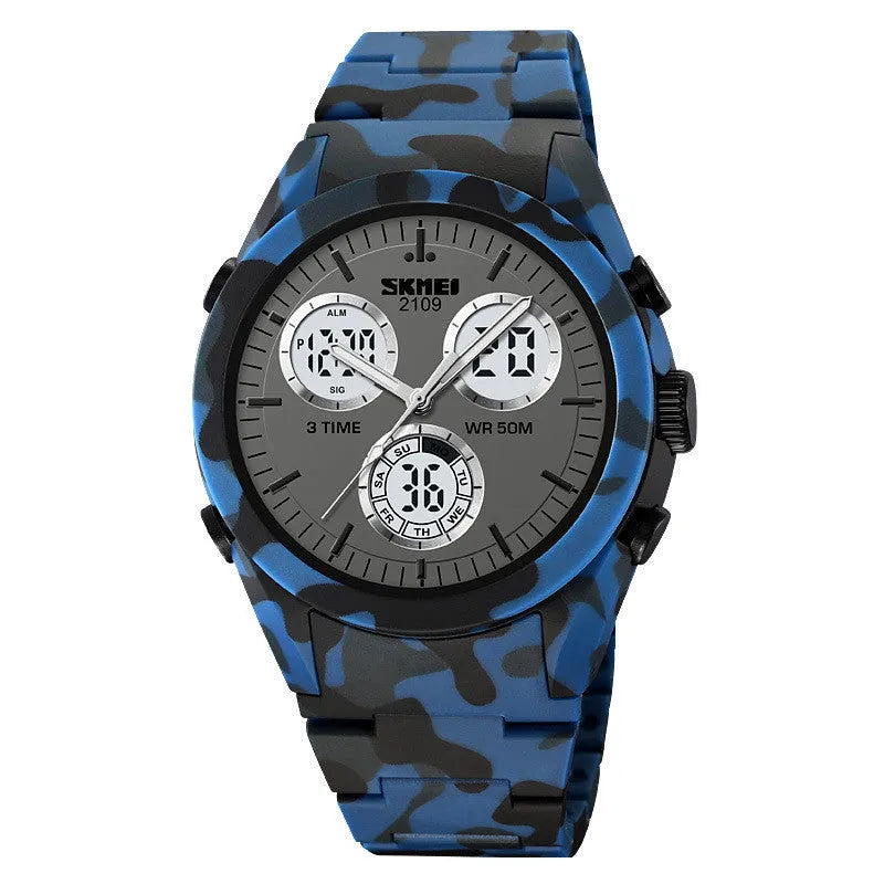 Electronic casual watch with camouflage patterned strap and resin mirror face, showing stainless steel button.