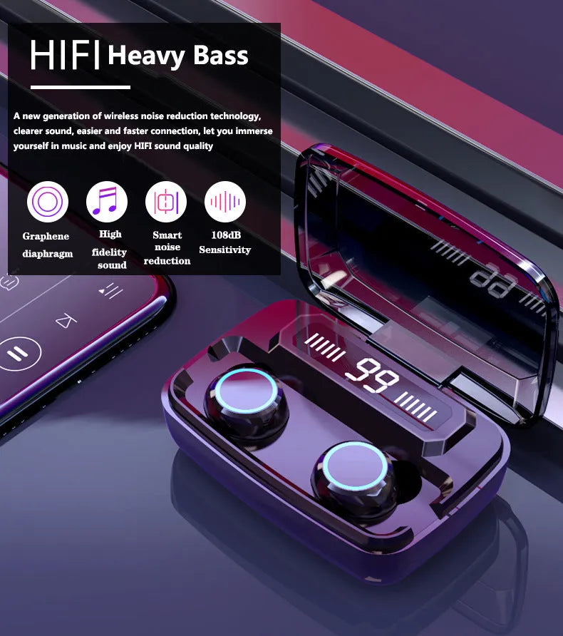 Black M11 wireless Bluetooth in-ear headphones with a digital display charging case.