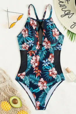 Women's deep V-neck one-piece swimsuit in polyester with gradient print design