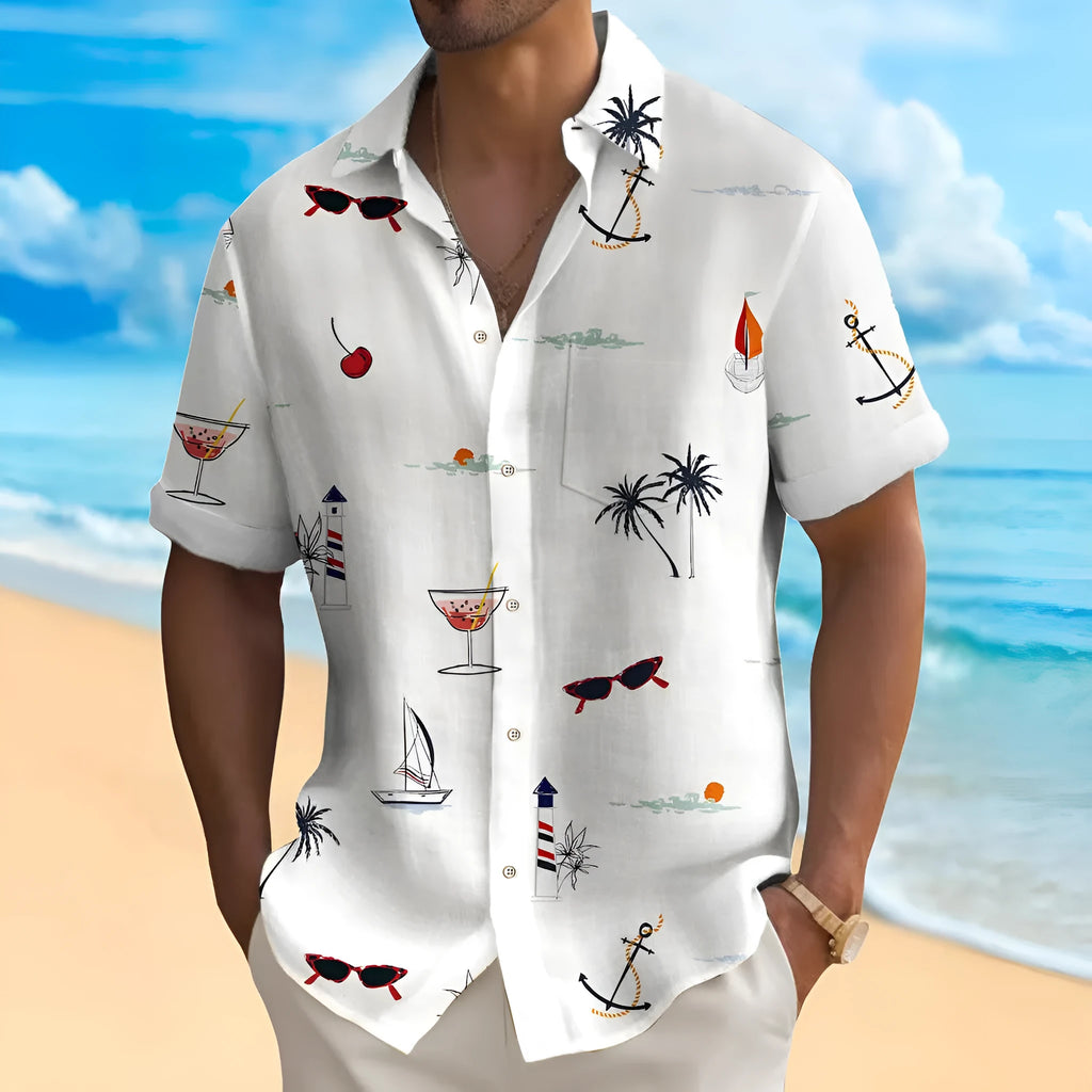 Men's short sleeve Hawaiian print shirt with colourful pattern on polyester fabric.