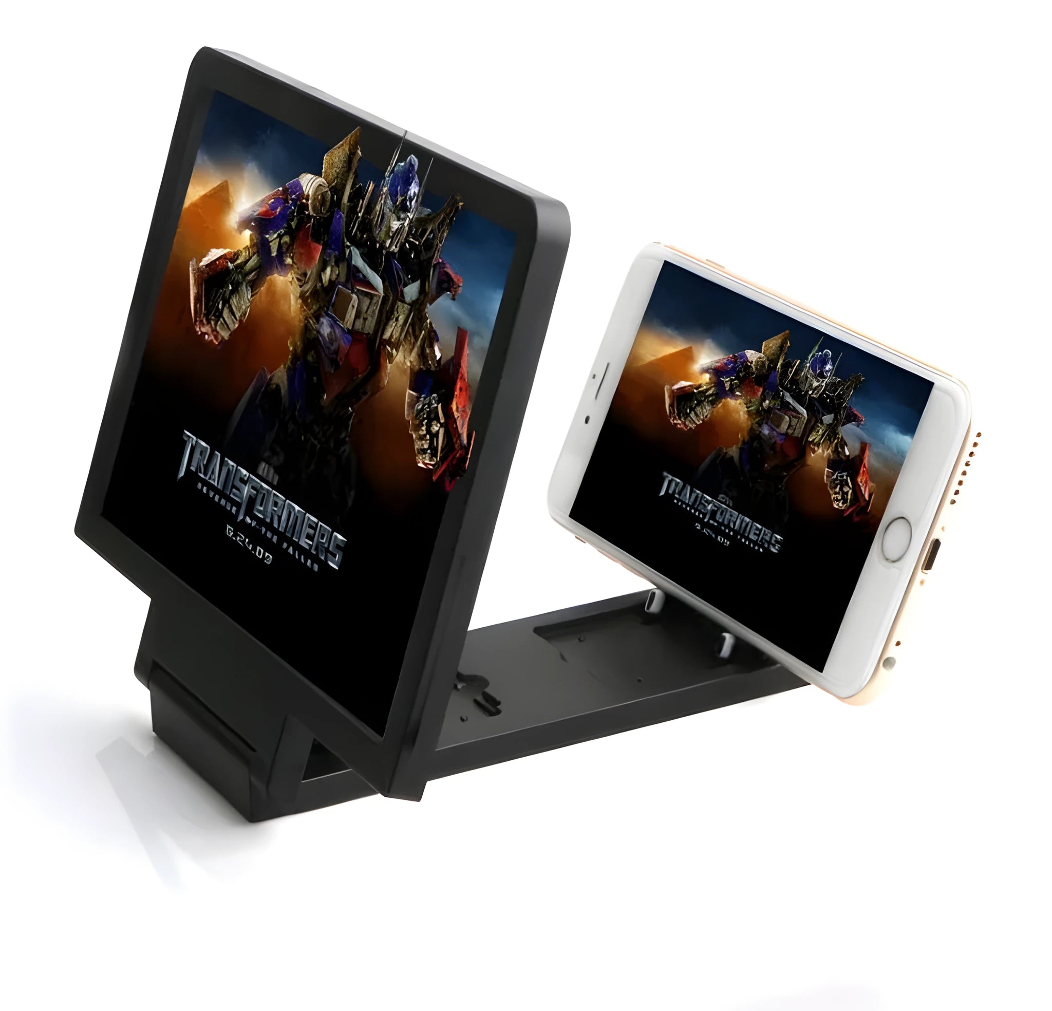 Black foldable mobile phone stand with an attached 3D screen amplifier, holding a smartphone.