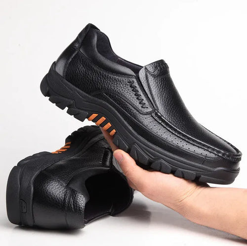 Black cowhide leather slip-on business casual shoes with a rubber sole