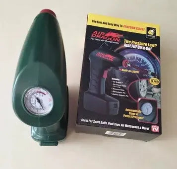 Portable 12V electric car air pump unit with power cable and tyre valve nozzle.