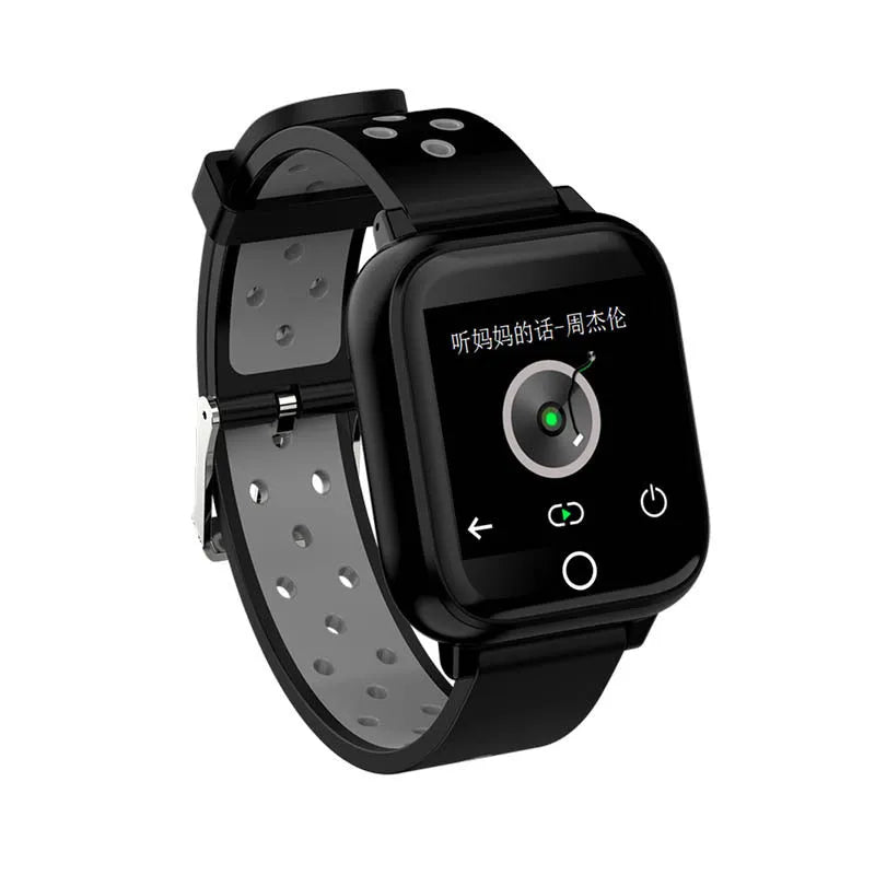 Black smartwatch with integrated Bluetooth earbuds showing heart rate monitoring on 1.4-inch screen