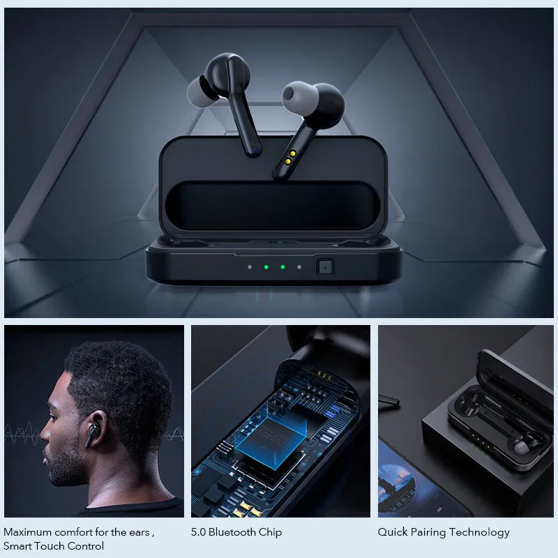 Black and white true wireless Bluetooth 5.0 earbuds with IPX5 waterproof rating.