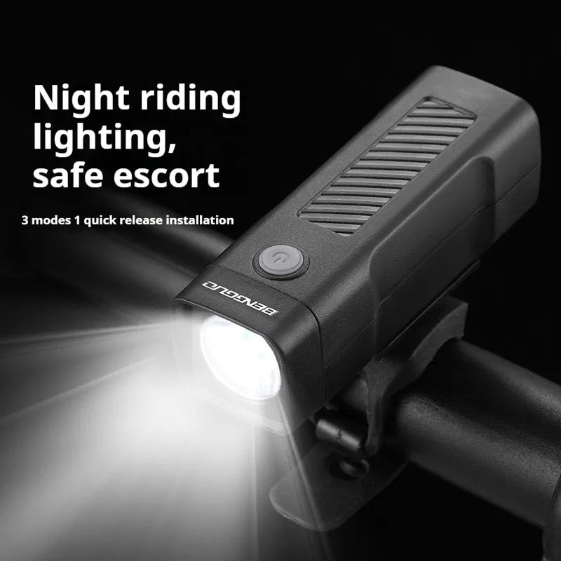 Black USB rechargeable bicycle headlight with quick-release strap mount