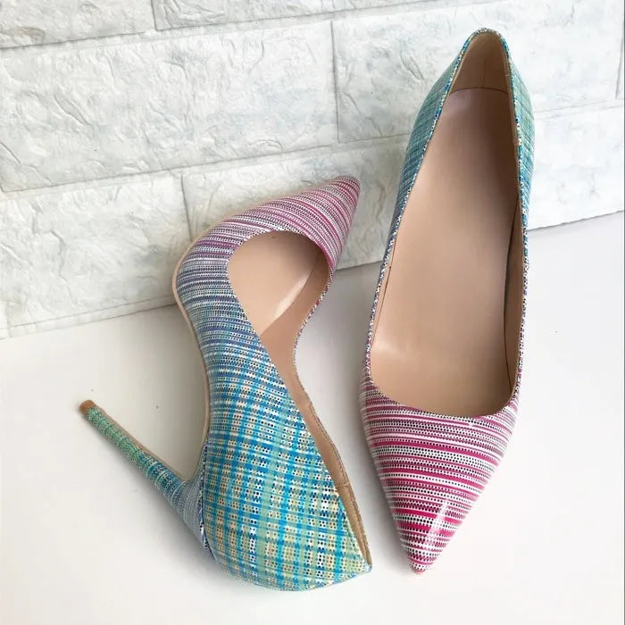 Women's pink blue gradient patent leather pointed toe high heels with a choice of heel heights on a rubber sole.
