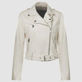 Women's black PU leather jacket with lapel waist belt on hanger