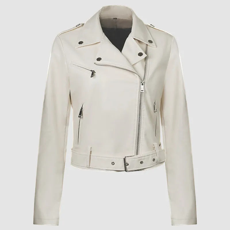 Women's black PU leather jacket with lapel waist belt on hanger