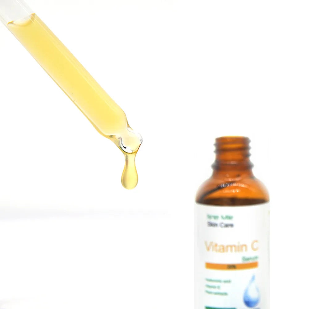 30ml glass bottle of undiluted Vitamin C facial serum essence for skin brightening.
