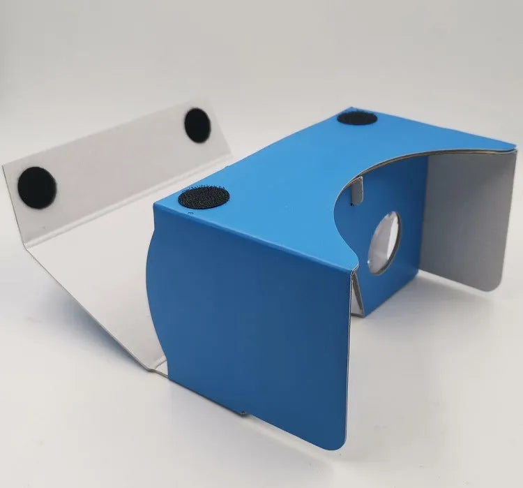 Pink cardboard VR glasses with rubber head strap and 3D lenses for smartphones