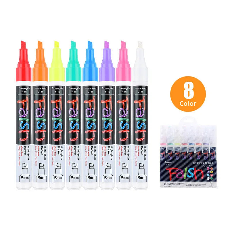 Electronic fluorescent plate highlighter pen with 6mm oblique tip and 8-colour refill set for whiteboards