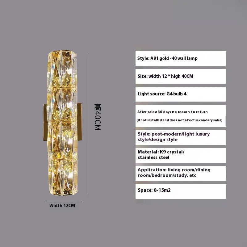 Crystal wall lamp with stainless steel frame in gold or chrome finish, mounted on a wall.