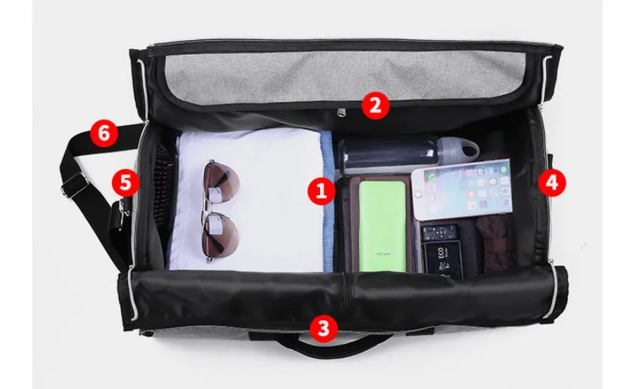 Medium-sized cylindrical travel bag in Oxford cloth, shown in one of four colours: black, blue, light grey, or red.