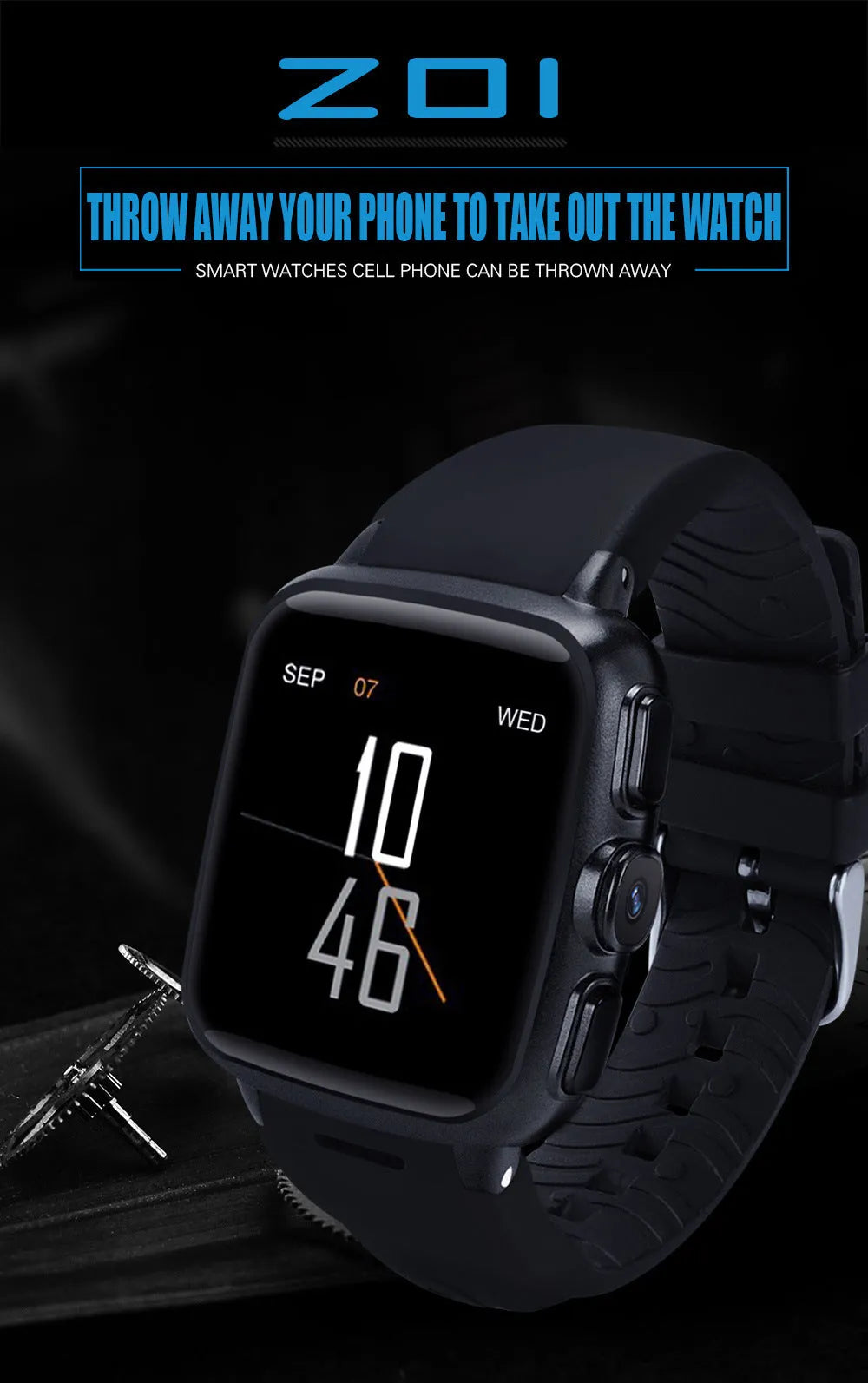 Z01 smart watch with 1.54 inch HD screen shown in black and white colour options on a wrist.