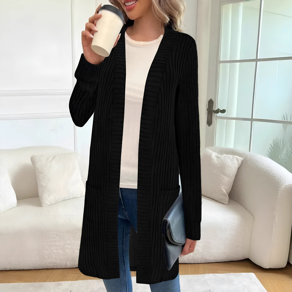 Long sleeve loose fit knitted cardigan jacket with pockets in black, wine red, or grey.
