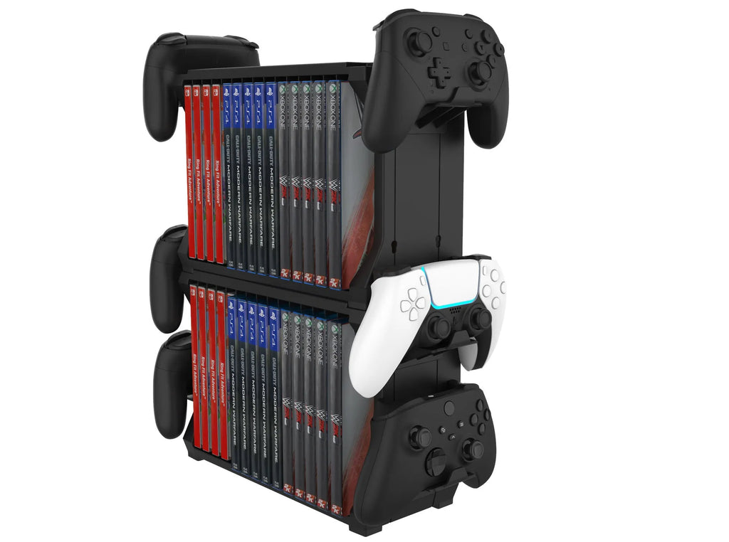 Black PS5 and Xbox Series X disc holder with four controller storage slots