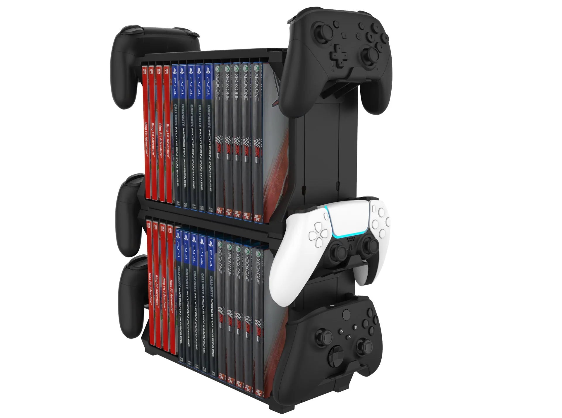 Black PS5 and Xbox Series X disc holder with four controller storage slots