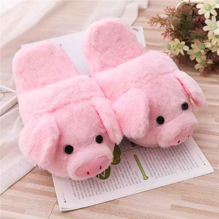 Pink pig-shaped floor slippers with plush exterior and PP cotton filling