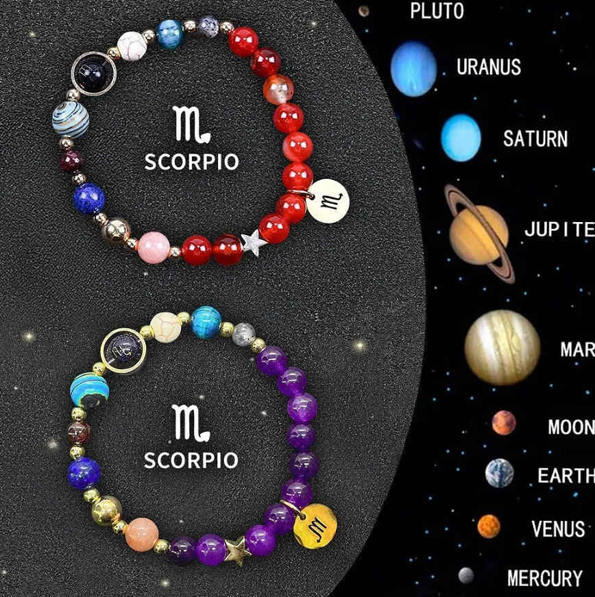 Natural stone beaded zodiac bracelet set showing twelve astrology constellation designs with adjustable cord