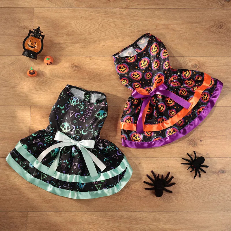 Halloween dog skirt costume with colourful pumpkin pattern and double-layer design