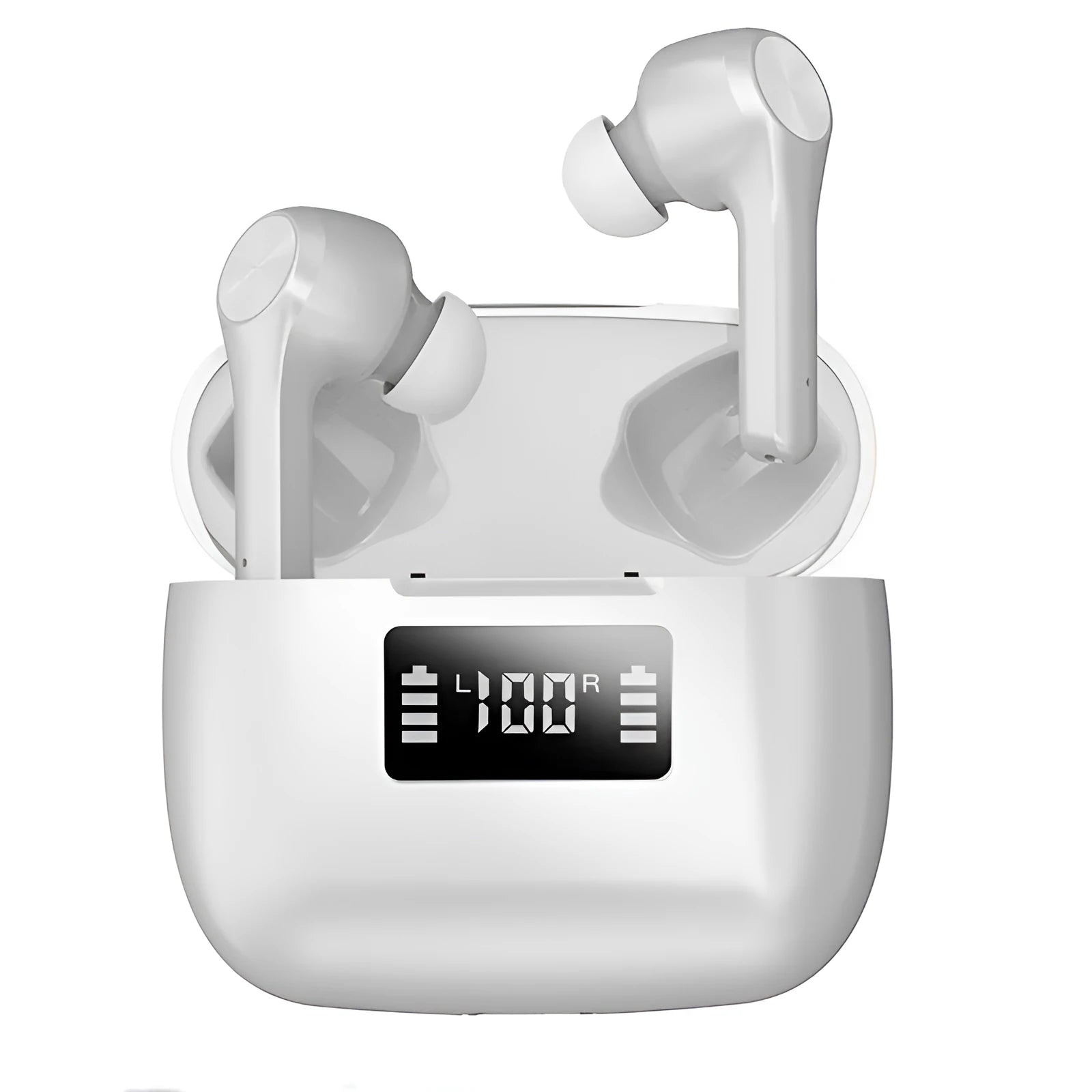 Wireless touch control earphones in black or white with charging case showing NFC pairing capability