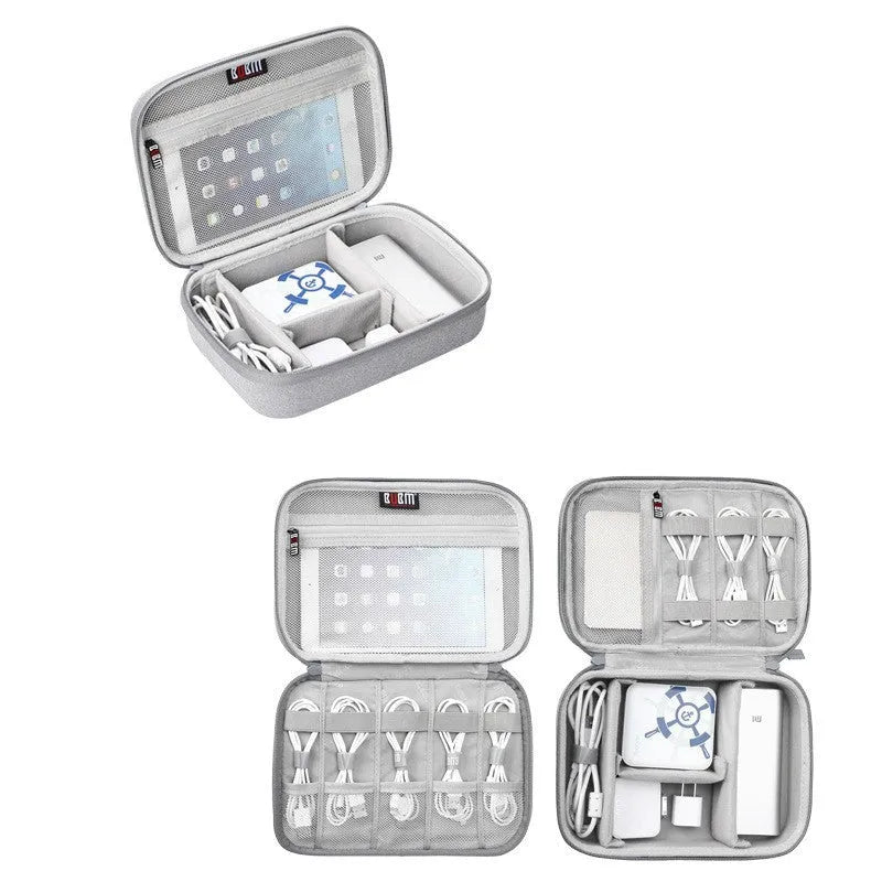 Black and grey EVA digital storage bag with handbag shape for organising headphones and cables.