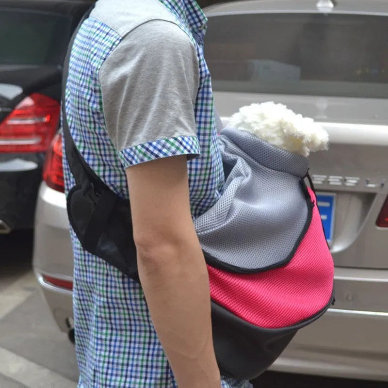 Pet backpack carrier in blue colour showing S and L size options for small dogs and cats